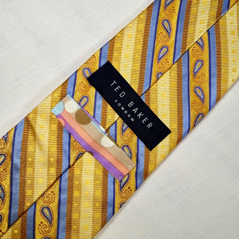Ted Baker London Silk Tie Gold Yellow Blue Paisley Striped Wide Mens Necktie